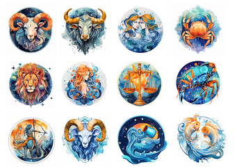 Set of zodiac signs icons. Aries, Leo, Gemini, Taurus, Scorpio, Aquarius, Pisces, Sagittarius, libra, Virgo, Capricorn, and cancer. Watercolour painti