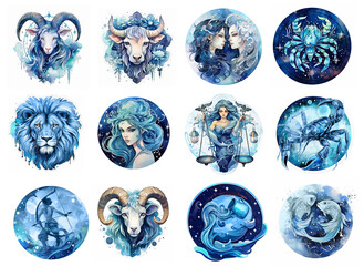 Set of zodiac signs icons. Aries, Leo, Gemini, Taurus, Scorpio, Aquarius, Pisces, Sagittarius, libra, Virgo, Capricorn, and cancer. Watercolour painti
