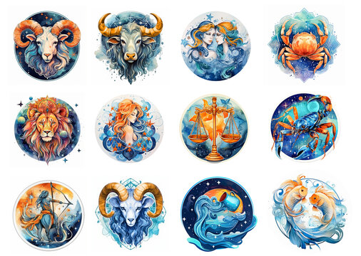 Set of zodiac signs icons. Aries, Leo, Gemini, Taurus, Scorpio, Aquarius, Pisces, Sagittarius, libra, Virgo, Capricorn, and cancer. Watercolour painti