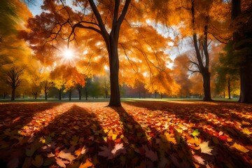 Naklejka na ściany i meble Sunlight filtering through colorful autumn leaves, casting a warm glow on a tranquil park scene. Ultra-high quality