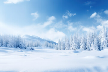 Obraz premium Snowy landscape with snow-covered trees and mountains, blue sky and the sun is shining