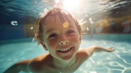 Fototapeta na wymiar Cute smiling boy having fun swimming and diving in the pool at the resort on summer vacation. Sun shines under water and sparkling water reflection. Activities and sports to happy kid..