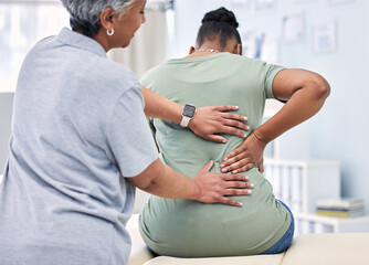 Back pain, physical therapy and chiropractor with patient, spine injury and healthcare with help...