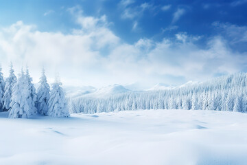 Snowy landscape with snow-covered trees and mountains, blue sky and the sun is shining