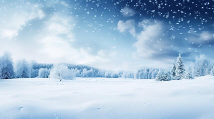 Snowy landscape with snow-covered trees and mountains, blue sky and the sun is shining