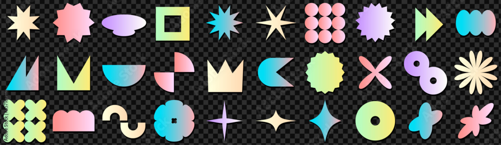 Aufkleber Geometric gradient figures in the style of brutalism. Trendy geometry with black shadow. Crowns and stars and daisy flowers. Set with different shapes on transparent background like png.