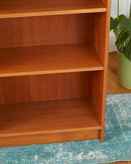 Vintage teak display bookcase. Mid-Century Modern Furniture. Close-up photograph.