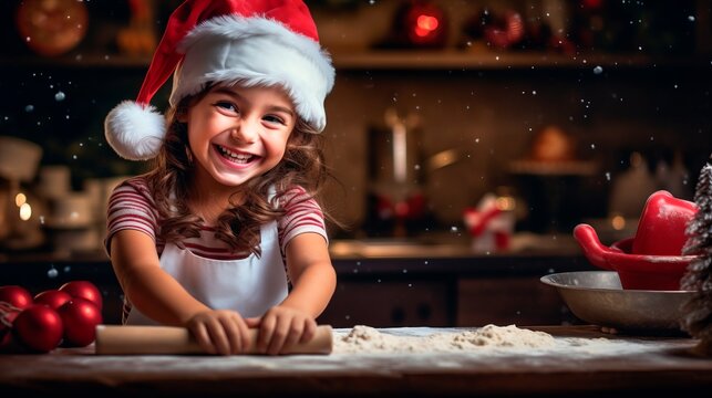 Merry Christmas and happy holidays. Cute little girl in Santa hat making cookies in the kitchen at home