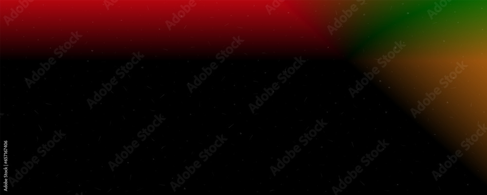 Poster Background with trendy gradient and noise. Red and green and yellow and black colors. Glare from lenses, overlay texture. Vector banner with dust and smooth color transition.