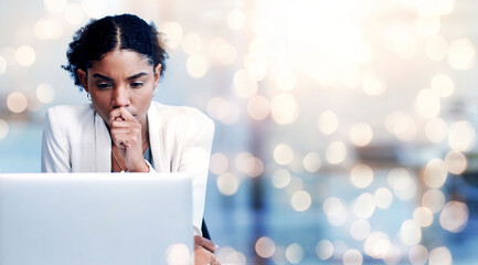 Woman, anxiety and laptop in office with thinking, worry and stress at work for legal compliance....