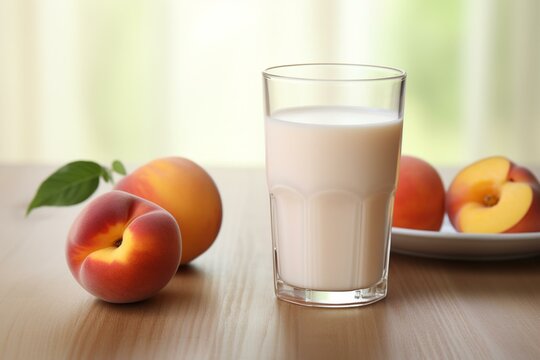 a glass of peach milk next to a bowl of peaches. Generative AI