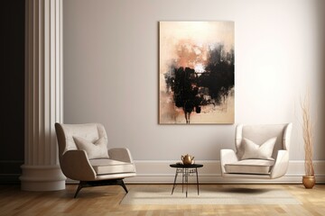 artwork beside neutral colored wall with chair. Generative AI