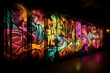 Graffiti artwork depicting lettering and inscription with a dark and neon color scheme. Generative AI