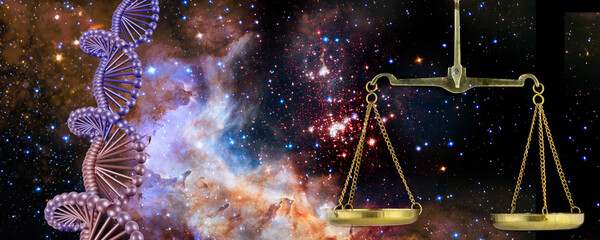 A stylized image of a DNA chain and a scale against the background of a starry cosmic sky. Genetics...