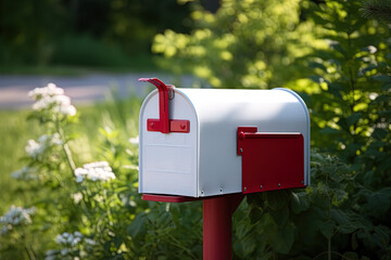 red mailbox on a grass, generative ai