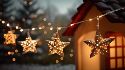 Christmas Stars Lanterns decorative light garland for house decor. Magic Star cut-out paper hanging lantern. Christmas decoration sweden style red star pendant lights bulb in carton case. - obrazy, fototapety, plakaty