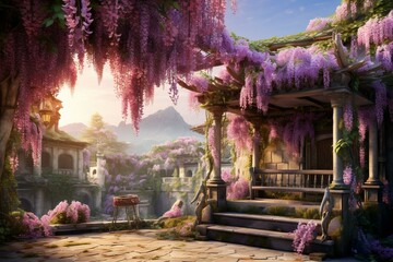 A playful urban scene blends with a traditional Asian temple: wisteria flowers beautifully drape over a charming pergola in a sunny garden. Generative AI