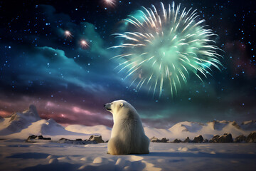 Happy new year in north polar, colorful fireworks and aurora in the night sky, snow mountain, a polar bear sit back to the camera and watch the fire work, hyper realistic photo, dramatic light,