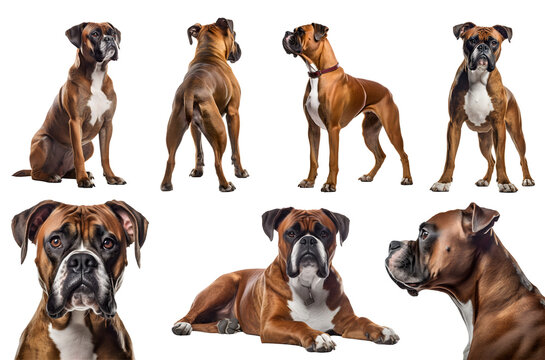 Boxer dog puppy, many angles and view portrait side back head shot isolated on transparent background cutout, PNG file

