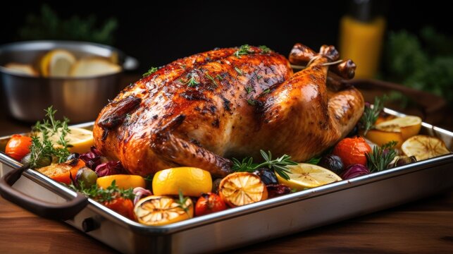 Nahaufnahme, köstlich gebratene Pute oder Truthahn im Backblech mit Gemüse und Kräuter - Festtagsbraten für Weihnachten oder Thanksgiving