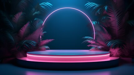 A pedestal in a rainforest garden with neon-lit plants. For the presentation of organic cosmetics, an advertising podium with neon lighting. Demonstration of natural products.