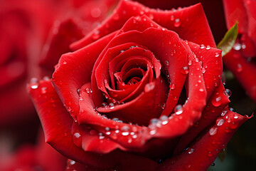 The water droplets on the red rose bloom in beautiful, natural shape.