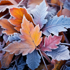 Naklejka na ściany i meble Colorful leaves in hoarfrost texture (autumn/early winter)