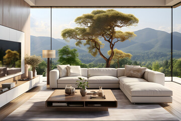 White sofa and TV , Minimalist interior design in a spacious room with a beautiful mountain view.