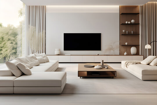 The minimalist interior design has a white sofa and TV. ,in a spacious room with natural light