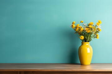 Wooden table with yellow vase and bouquet of yellow flowers.