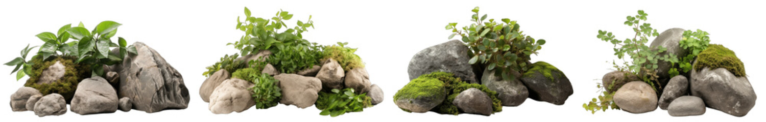 Obraz premium Rocks with plants and foliage around, green nature, isolated on transparent background generative ai