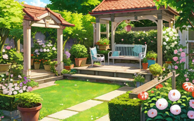 Anime Concept Background Beautiful Garden Environment With Assortment Plants And Blooming Flowers