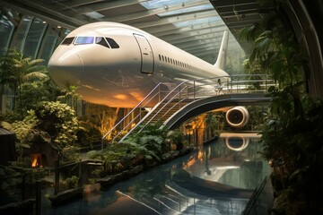A plane with a walkway is prepared for passengers at the travel hub. Generative AI
