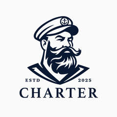Boat charter captain logo. Mustache bearded sailor icon. Maritime skipper emblem. Vintage nautical seafarer symbol. Vector illustration. - obrazy, fototapety, plakaty