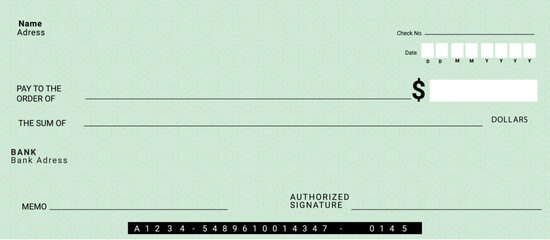 Blank bank cheque. Personal desk check template	