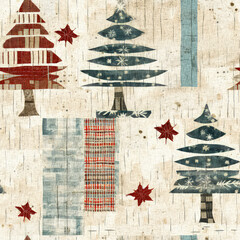 Rustic country christmas cottage with primitive hand sewing fabric effect. Cozy nostalgic shabby chic homespun americana winter handmade crafts style seamless pattern.