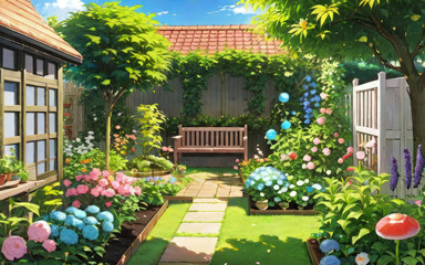 Anime Concept Background Beautiful Garden Environment With Assortment Plants And Blooming Flowers