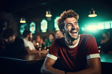 A  happy and excited guy in a cafe cheers while watching a soccer match. 