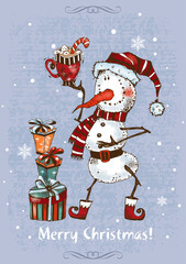 Christmas card. Cute funny snowman with gifts. Vector.