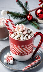 Obraz na płótnie Canvas Photo Of Christmas Hot Cocoa Mug With A Candy Cane Stirrer