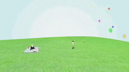 ピクニック　原っぱ　風船