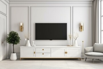 White living room with TV and gold lamp, minimal style interior design with cabinet on white wall. Generative AI