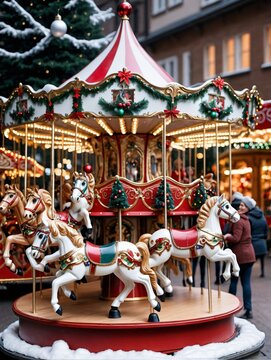 Photo Of Christmas Carousel With Wooden Horses