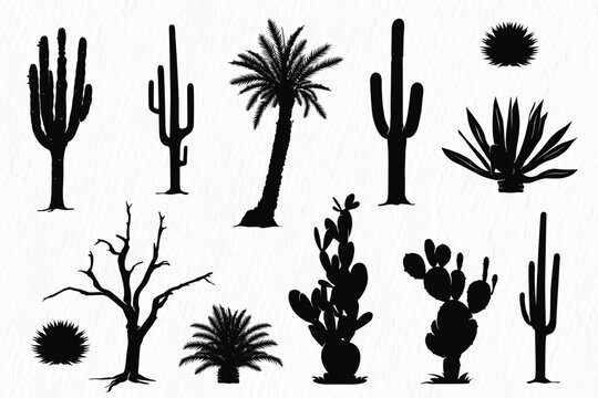 Silhouette set of Desert plants, desert trees, cactus, coconut tree, palm, Century plant,  Thompson yucca, prickly pear.