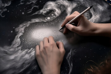 nebula, drawing the cosmos, space. person drawing universe. the universe and the cosmos