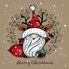 Merry Christmas greeting card. Cute Christmas gnome with gifts in Vector.