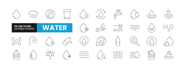 Set of 36 Water related line icons set. Water outline icons with editable stroke collection. Includes Water Bottles, Cleaning, Water Drop, Rain, Purified Water and More.