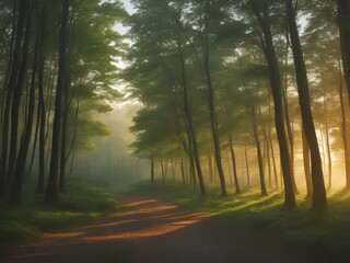 landscape shot of a tranquil forest at dawn, captured with a wide-angle lens and warm film tones, showcasing the serenity and majesty of the natural world