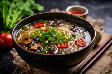 Traditional Chinese soup with noodles, mushrooms and vegetables,