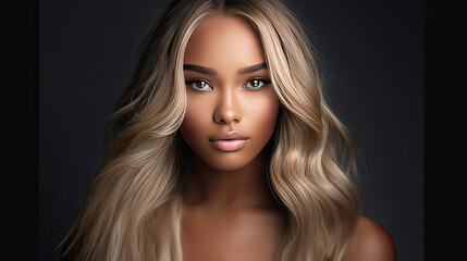 Fototapeta premium Beautiful African American woman with dyed and straight hair. Beauty of afro black girl with bob smooth hairstyle and toning. Keratin straightening. Treatment, care and spa procedures.